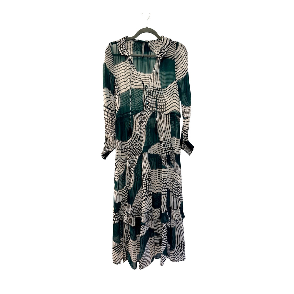 Anthropologie XS Sheer Chiffon Maxi Dress Marais Geometric Printed Boho Green - Picture 2 of 13